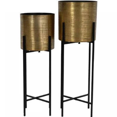 Clyde Floor Standing Brass Set of 2 Planters on Black Stands