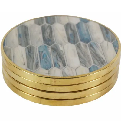 Blue Grey Mosaic Style Set of 4 Coasters Blue, Gold, Grey