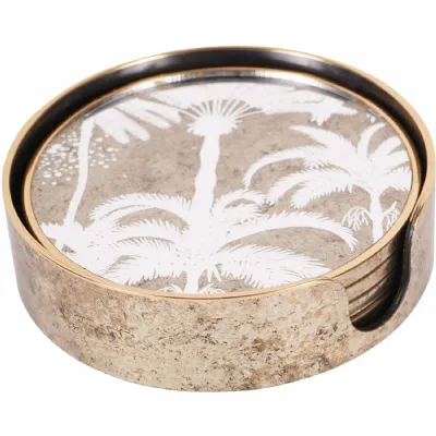 Palm Tree Round Coasters Set of 4 Antique Gold, Mirror
