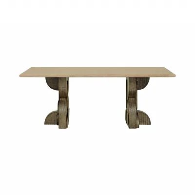 Kelsie Travertine Dining Table Antique Brass, Cream