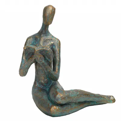 Reading Woman Verdigris Sculpture Antique Gold, Blue