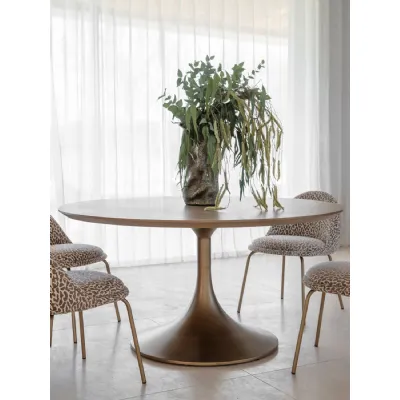 Lambley Round Dining Table 150cm Antique Brass, Light Wood