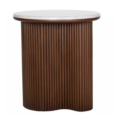 Whitwell Marble Top Fluted Wood Side Table 55cm