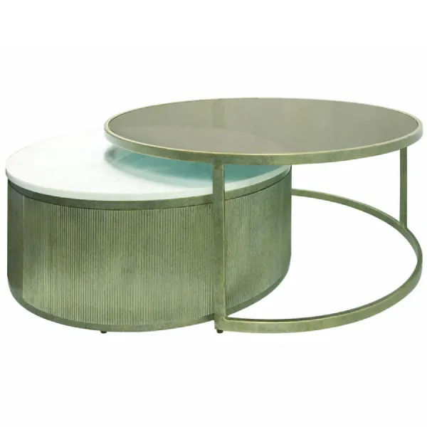Belvedere Aged Gold Set of 2 Nesting Coffee Tables with Marble and Tinted Glass