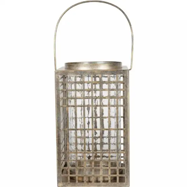 Barossa Fretwork Square Lantern in Aged Gold with Glass Flute 33cm
