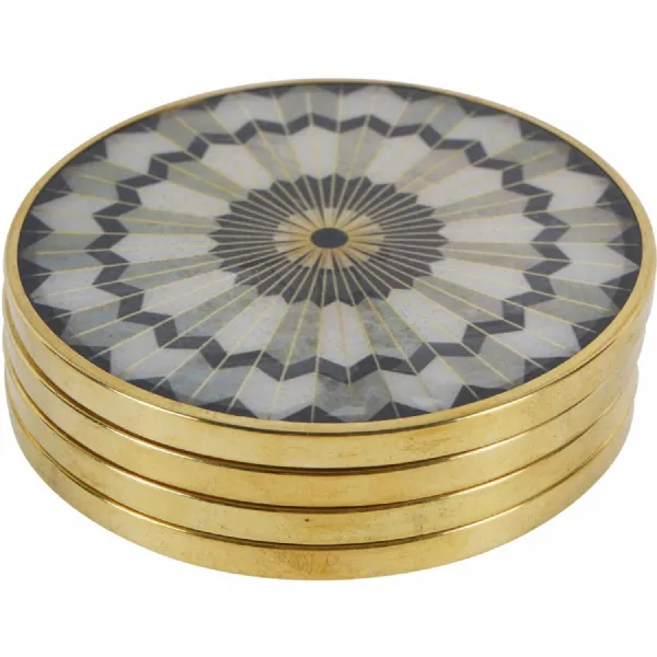 Black Circular Design Set of 4 Coasters Black, Gold, Grey