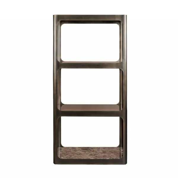 Thorpe II Smoked Bronze Metal and Glass Shelving Unit featuring Marble Bronze, Gold