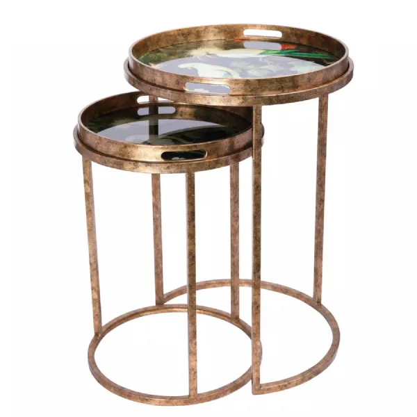 Tropical Birds Set Of 2 Side Tray Tables Gold, Green