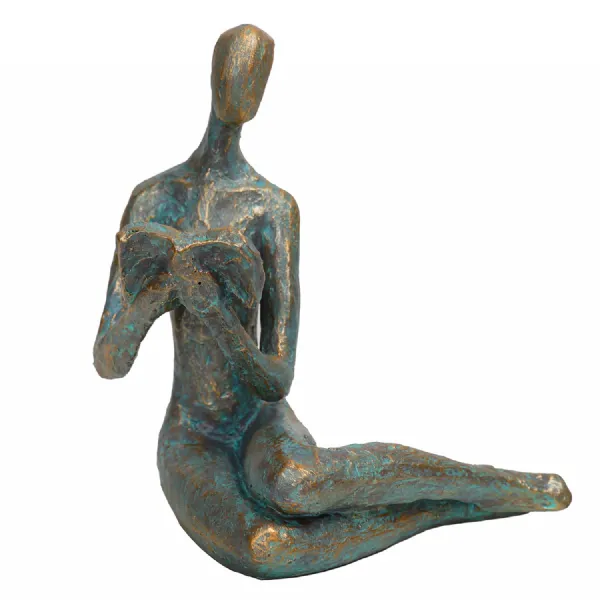 Reading Woman Verdigris Sculpture Antique Gold, Blue